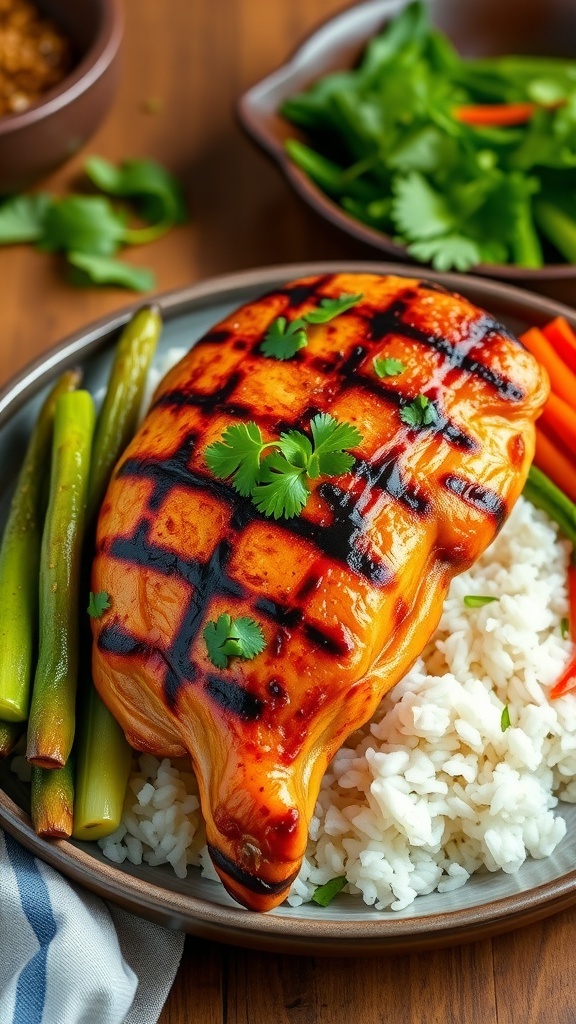 Lemongrass chicken served with rice and vegetables, garnished with cilantro.